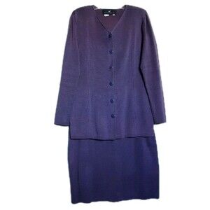 Vtg Peruvian Connection Pima Cotton Purple LS Sweater Pencil Skirt Suit Set Sz L
